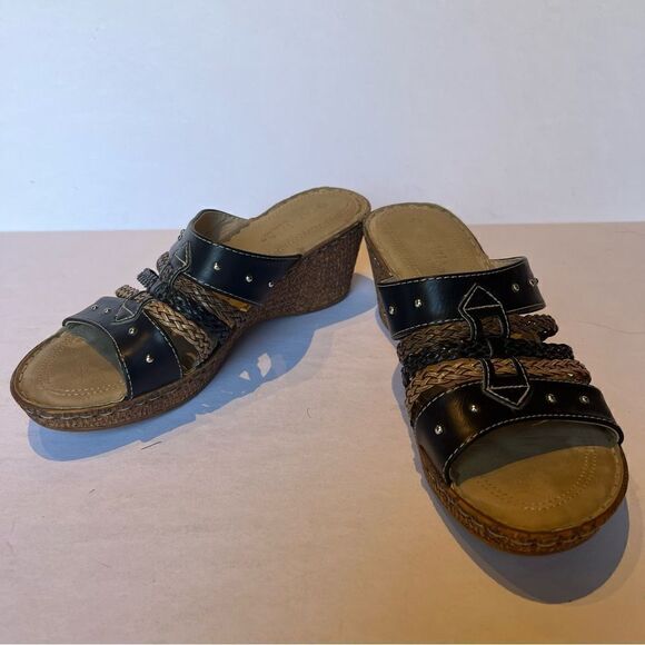 Patrizia Sandals by Spring Step Size 8.5/39 Black/Tan Braided Slip On Wedge - Picture 1 of 9